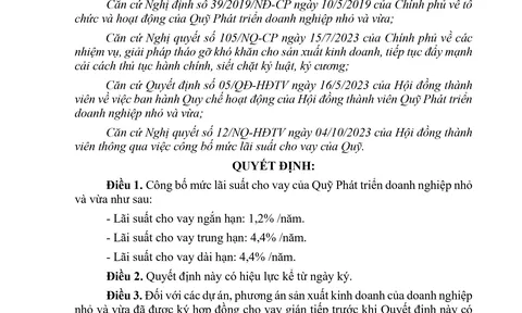 BAN HÀNH QUYẾT ĐỊNH SỐ 12/QĐ-HĐTV VỀ VIỆC CÔNG BỐ MỨC LÃI SUẤT CHO VAY CỦA QUỸ PHÁT TRIỂN DOANH NGHIỆP NHỎ VÀ VỪA
