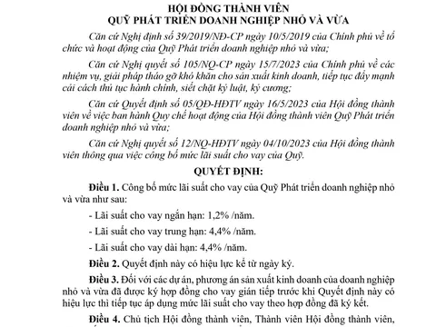 BAN HÀNH QUYẾT ĐỊNH SỐ 12/QĐ-HĐTV VỀ VIỆC CÔNG BỐ MỨC LÃI SUẤT CHO VAY CỦA QUỸ PHÁT TRIỂN DOANH NGHIỆP NHỎ VÀ VỪA